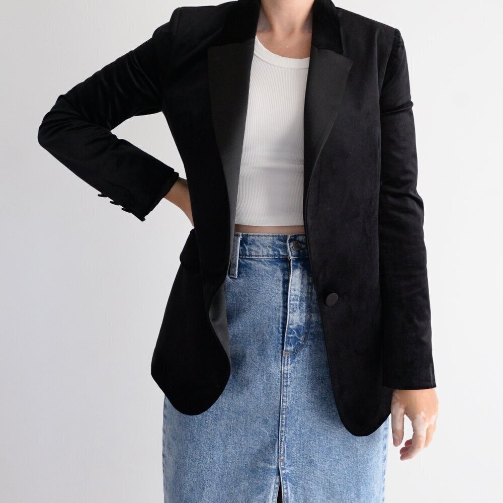 Vicolo Black Single Button Velvet Satin Lapel Collar Designer Blazer S
